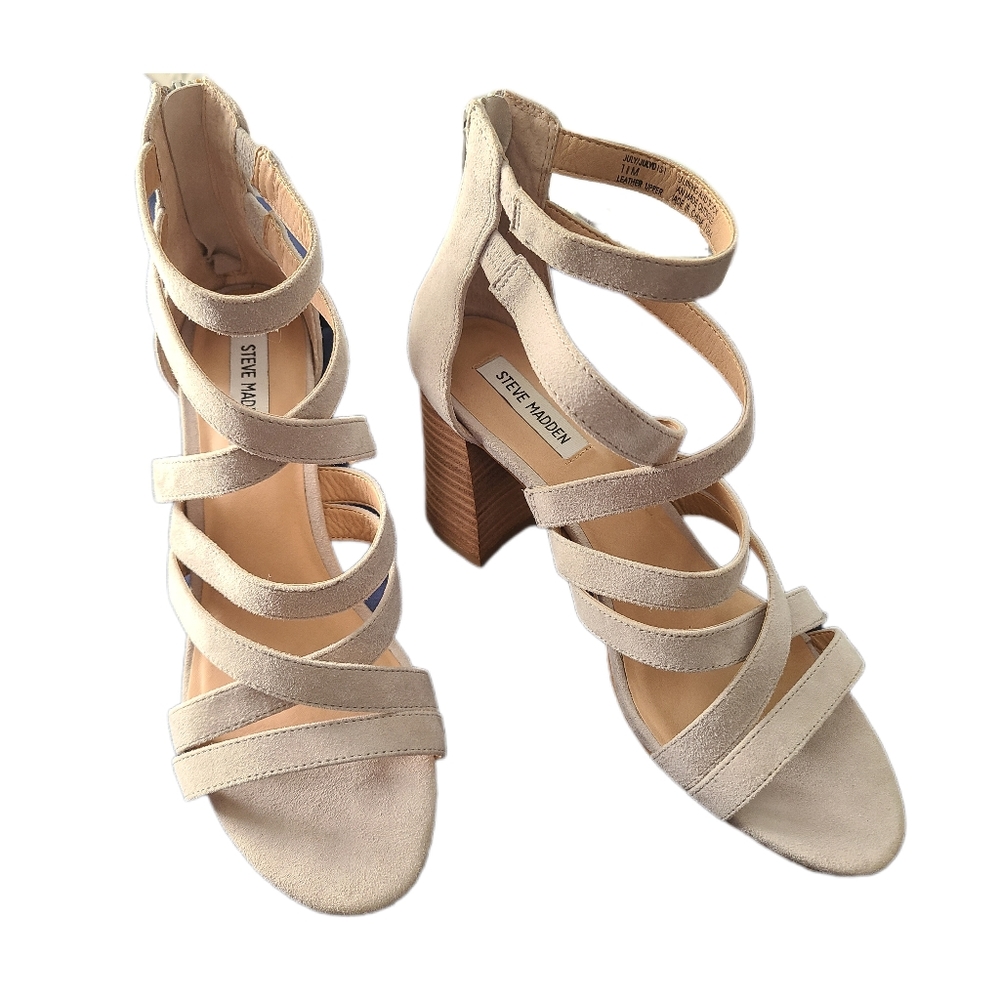 STEVE MADDEN Grey Beige Microsuede 3.5" Block Heel Sandals 11 - Picture 3 of 13